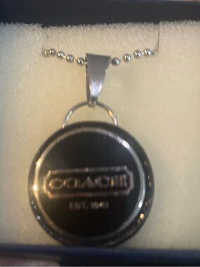 Coach Black with Silver Circular Pendant Necklace with Silver-Tone Hardware